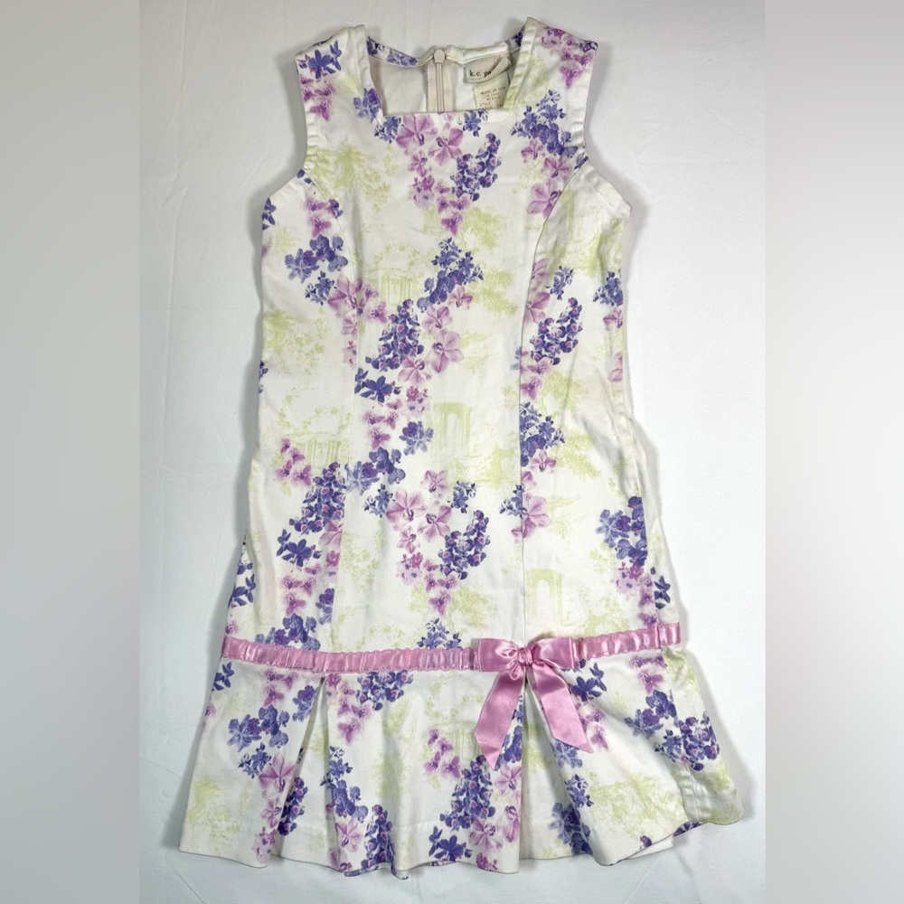 VINTAGE K C PARKER Girls Sleeveless Dress 6X Floral Ribbon Bow Classic